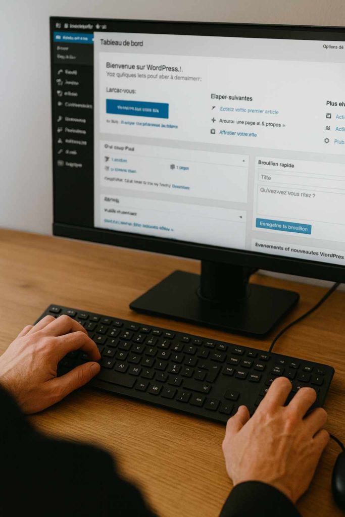 Mains d’un homme utilisant un clavier et une souris devant un écran affichant le tableau de bord WordPress.
