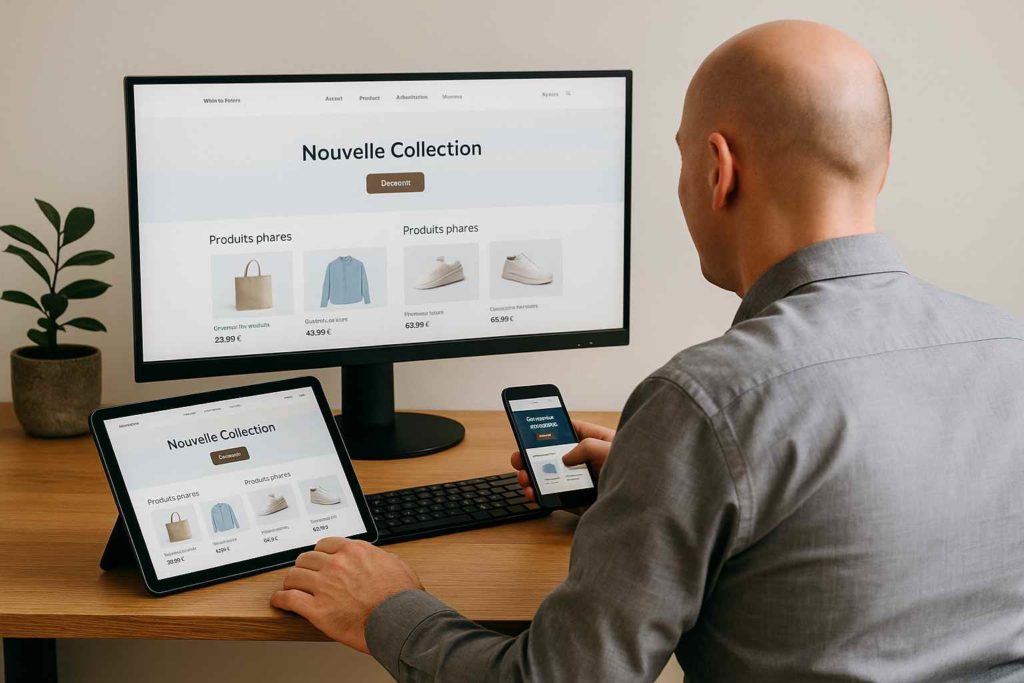 Homme chauve en chemise grise testant la responsivité d’un site e-commerce sur un écran, une tablette et un smartphone.